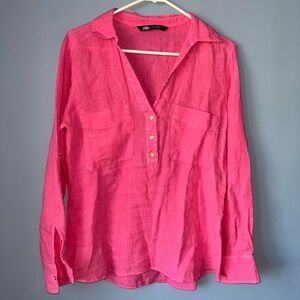 Zara linen pink popover roll tab sleeve shirt relaxed fit small